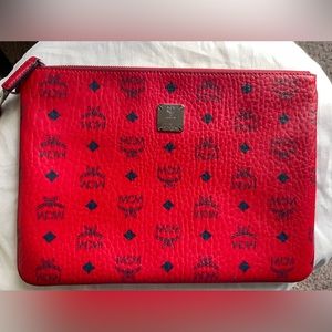 Approximately 8.5 x 11.6 x 0.4 inches. Wrist strap drop: 7" Top zip closure.